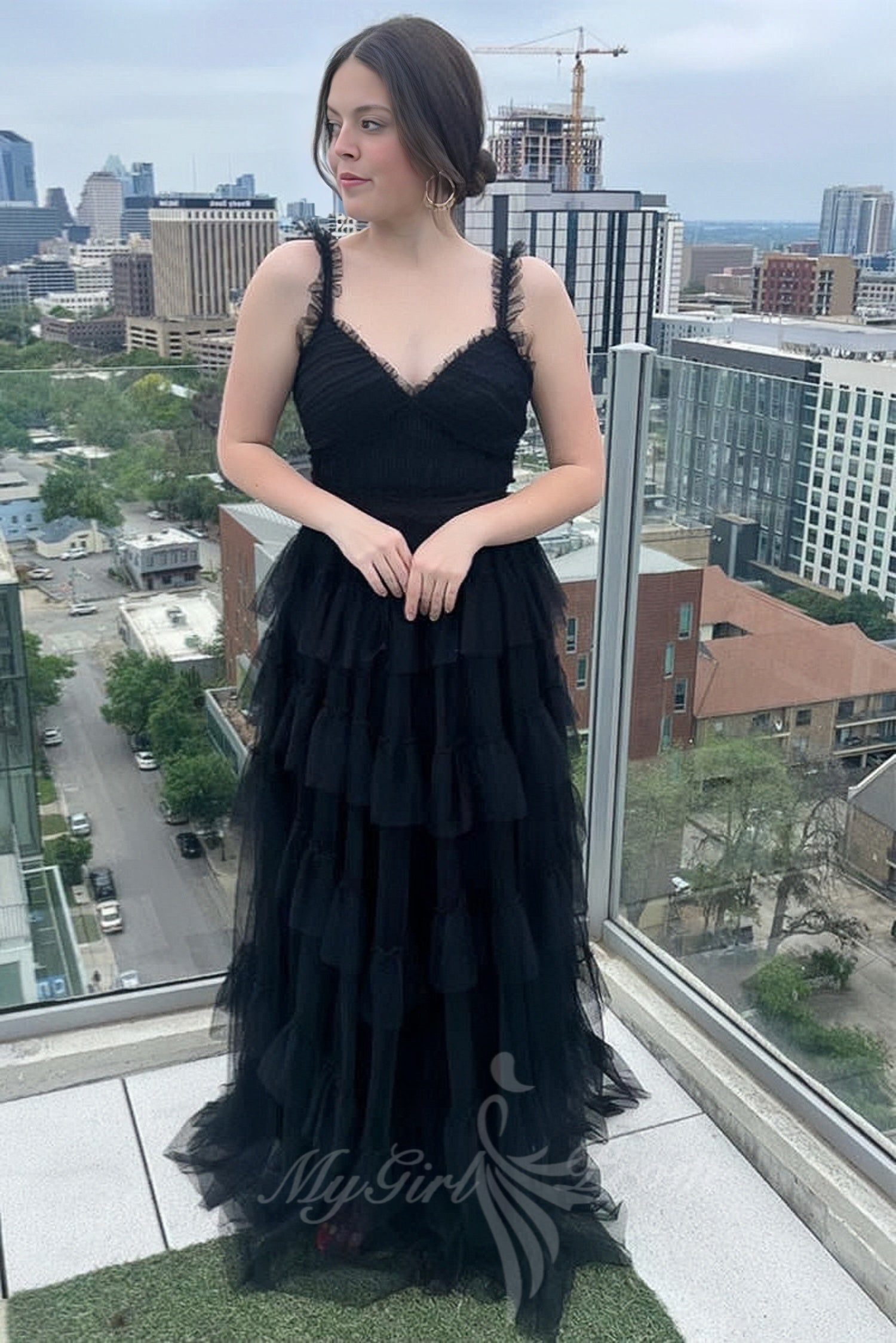 princess v neck black tulle a line layered prom dress long formal gown