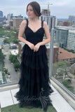 princess v neck black tulle a line layered prom dress long formal gown