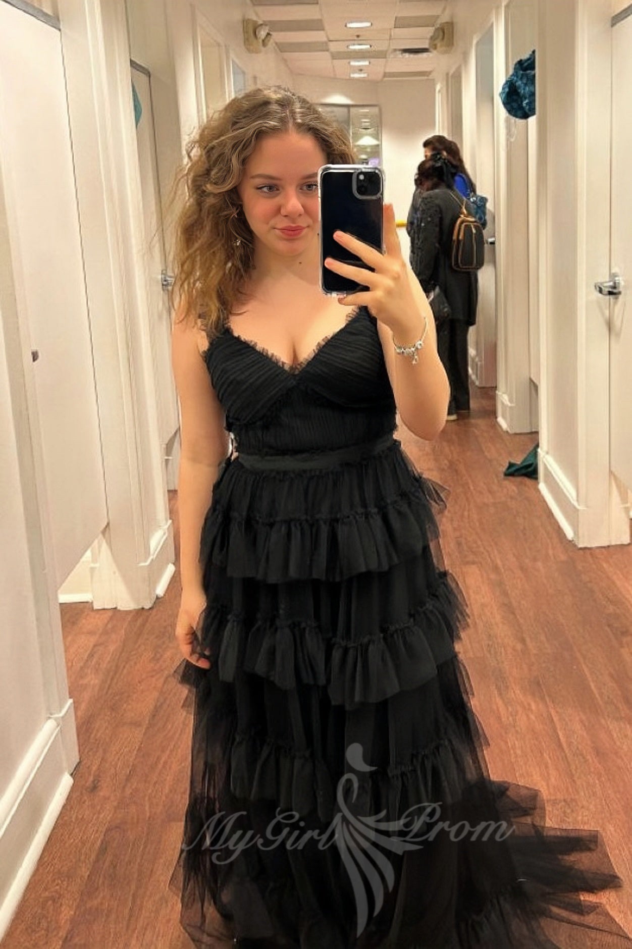 princess v neck black tulle a line layered prom dress long formal gown