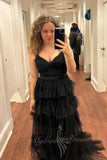 princess v neck black tulle a line layered prom dress long formal gown