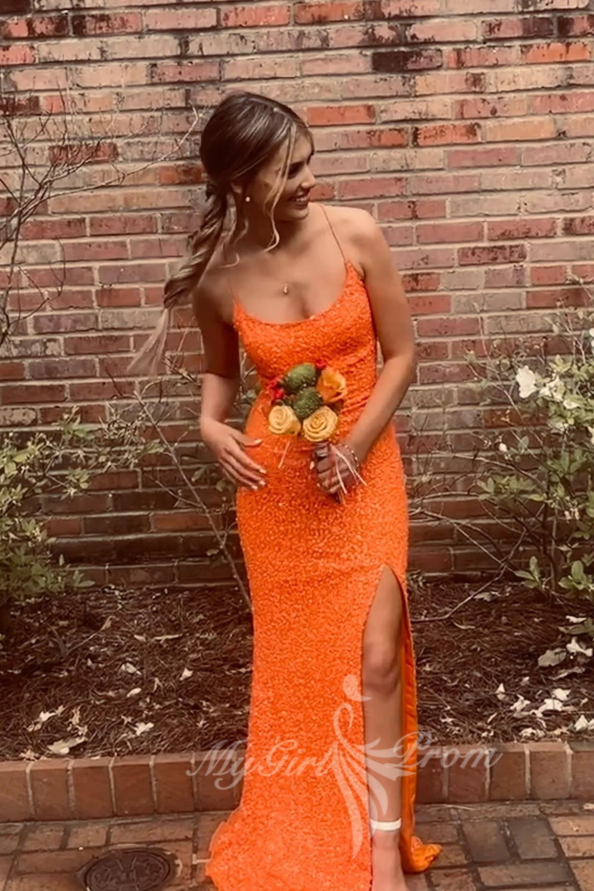 sparkly orange prom dresses sleeveless sequined slit evening gown