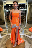 sparkly orange prom dresses sleeveless sequined slit evening gown