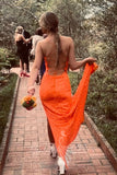 sparkly orange prom dresses sleeveless sequined slit evening gown