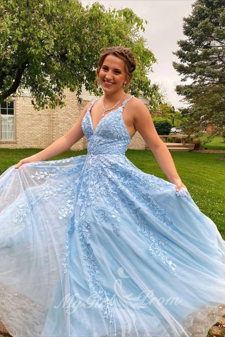 a line v neck sleeveless light sky blue prom dresses with applique
