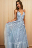 a line v neck sleeveless light sky blue prom dresses with applique
