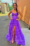 straps keyhole purple tulle layered prom dresses princess long formal gown