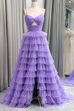 straps keyhole purple tulle layered prom dresses princess long formal gown