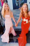 simple strapless pink satin mermaid prom dresses slit preppy party dress