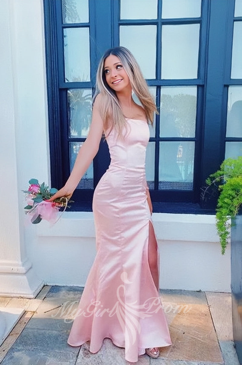 simple strapless pink satin mermaid prom dresses slit preppy party dress