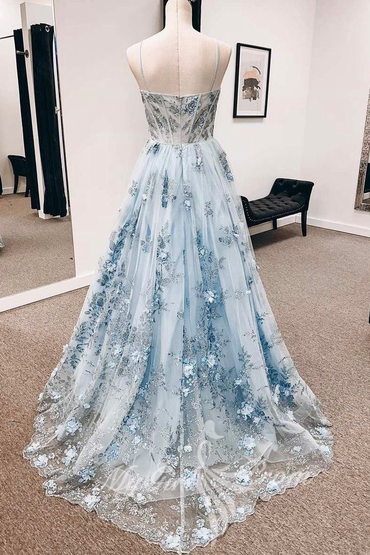 blue straps sweetheart a line floral appliques prom dress long formal gown