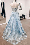 blue straps sweetheart a line floral appliques prom dress long formal gown