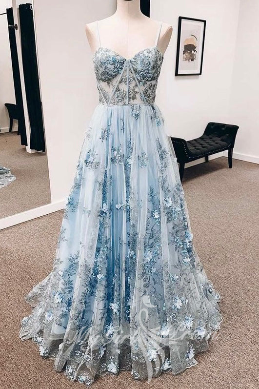 blue straps sweetheart a line floral appliques prom dress long formal gown