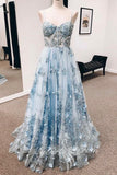 blue straps sweetheart a line floral appliques prom dress long formal gown