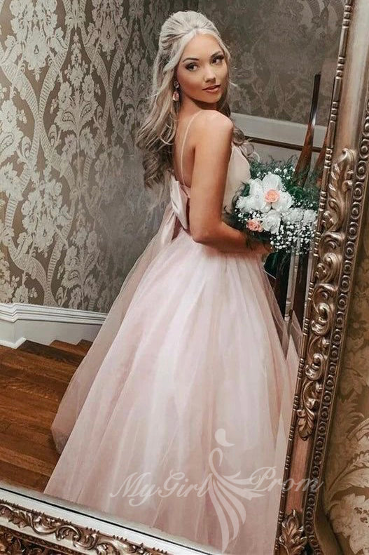 pink bowknot back a line long prom dress elegant pink evening dress