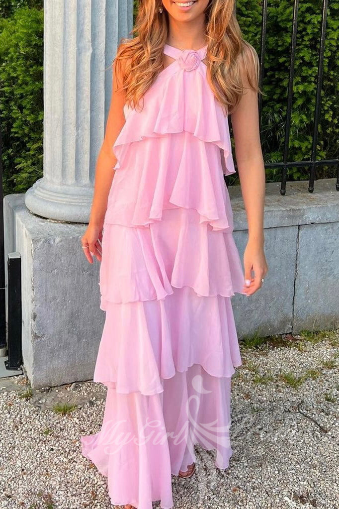 halter ruffled pink prom dress chiffon layered preppy maxi dress