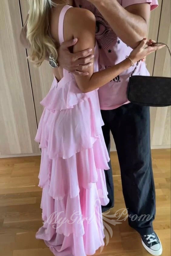 halter ruffled pink prom dress chiffon layered preppy maxi dress