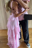 halter ruffled pink prom dress chiffon layered preppy maxi dress