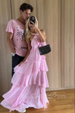 Halter Ruffled Pink Prom Dress, Chiffon Layered Preppy Maxi Dress GP607