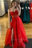 sparkly red straps beaded a line prom dresses glitter formal dress with slit
