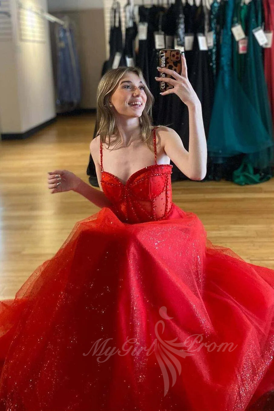 sparkly red straps beaded a line prom dresses glitter formal dress with slit