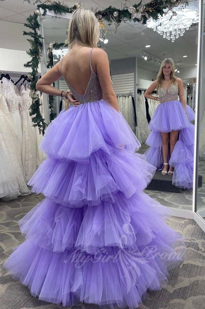 v neck beaded lavender high low tulle prom dress tiered party gown