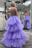 v neck beaded lavender high low tulle prom dress tiered party gown