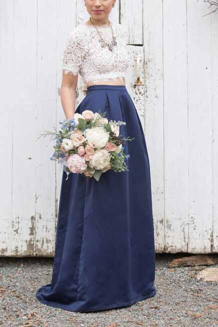 Jewel Short Sleeves Dark Blue Two Piece Bridesmaid Dress with Lace Top PB21