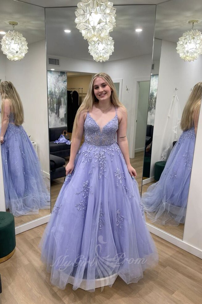 Lavender Long Appliques Tulle Prom Dress A-line V-neck Formal Gown GP706