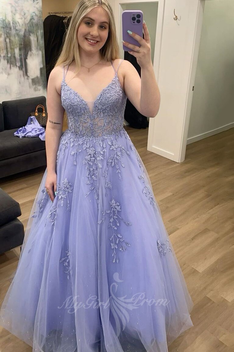 Lavender Long Appliques Tulle Prom Dress A-line V-neck Formal Gown GP706