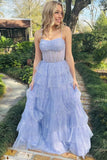 Lavender Sequin Tiered Tulle Long Prom Dress Princess Formal Dress GP678