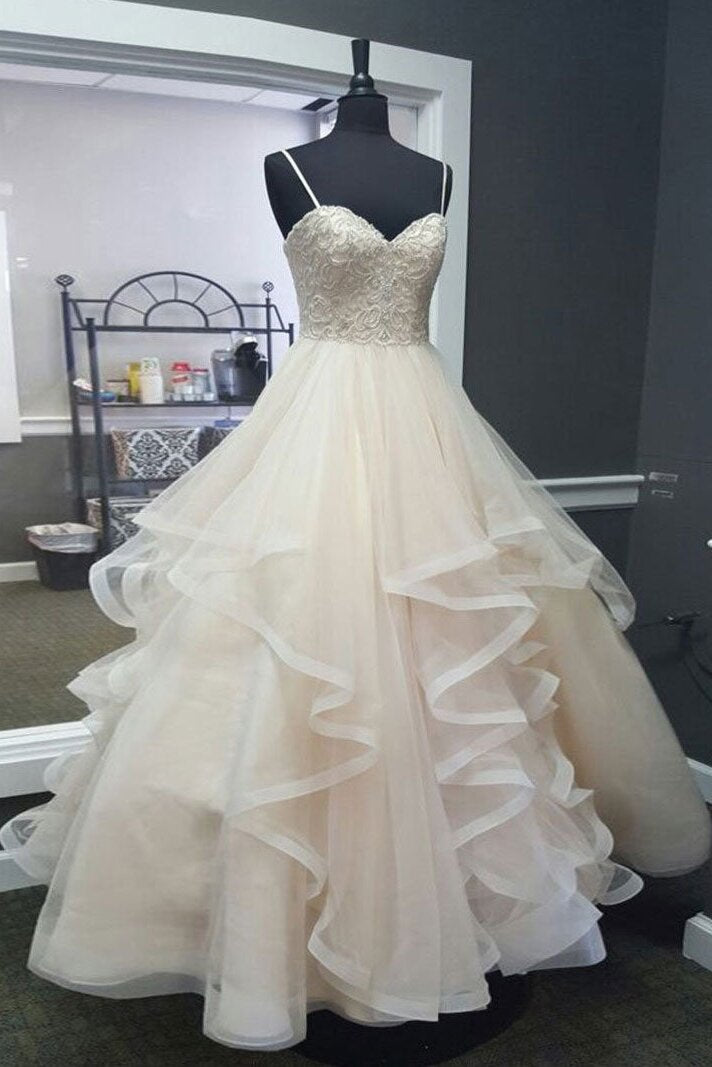 light champagne tulle lace tiered wedding dress with spaghetti straps