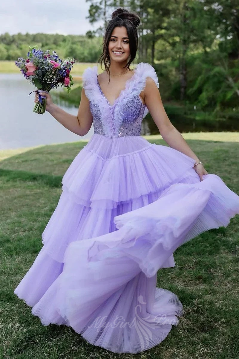 Lilac Ruffle Tiered Tulle  Prom Dress A-Line V Neck Beaded Formal Gown GP803