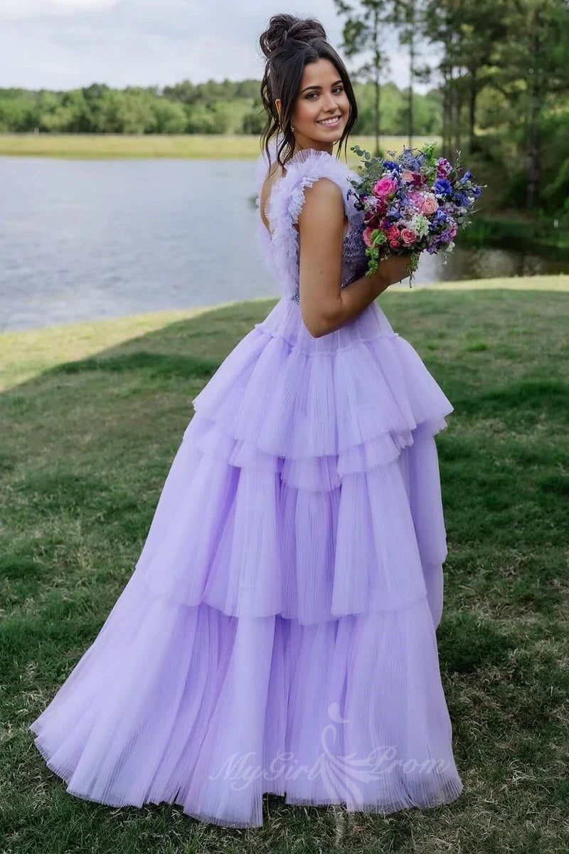 Lilac Ruffle Tiered Tulle  Prom Dress A-Line V Neck Beaded Formal Gown GP803