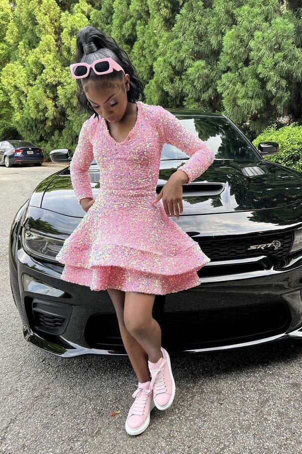 Long Sleeve Sequin Velvet Homecoming Dresses, Chic Pink A-Line Party Gown GM682