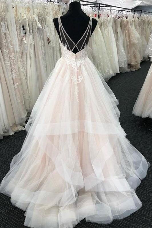 luxurious princess long tulle lace backless tiered wedding dress