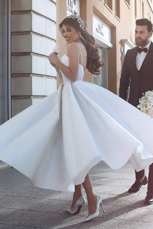 Spaghetti Straps Applique Lace Ankle Length Wedding Dresses PW581