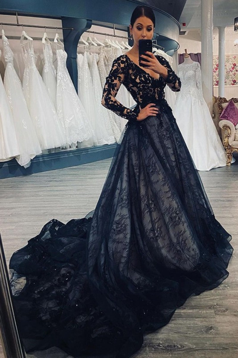 Lace Black A Line Appliques V-neck Wedding Dress with Long Sleeves PW585
