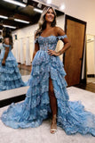 A-Line Dusty Blue Ruffles Appliques Tulle Long Prom Dress Slit Formal Gown GP746