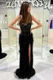 spaghetti straps black sequin long prom dress slit with feathers