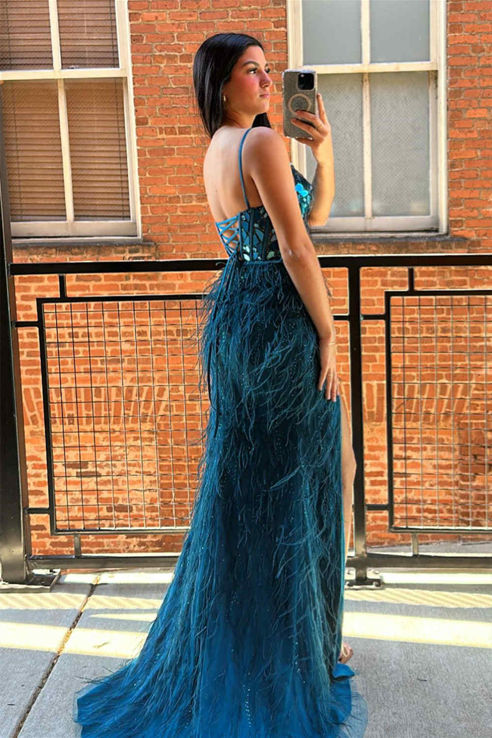 spaghetti straps black sequin long prom dress slit with feathers