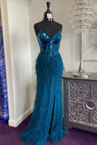 spaghetti straps black sequin long prom dress slit with feathers