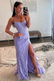 lavender lace mermaid pleated long prom dresses slit evening gown