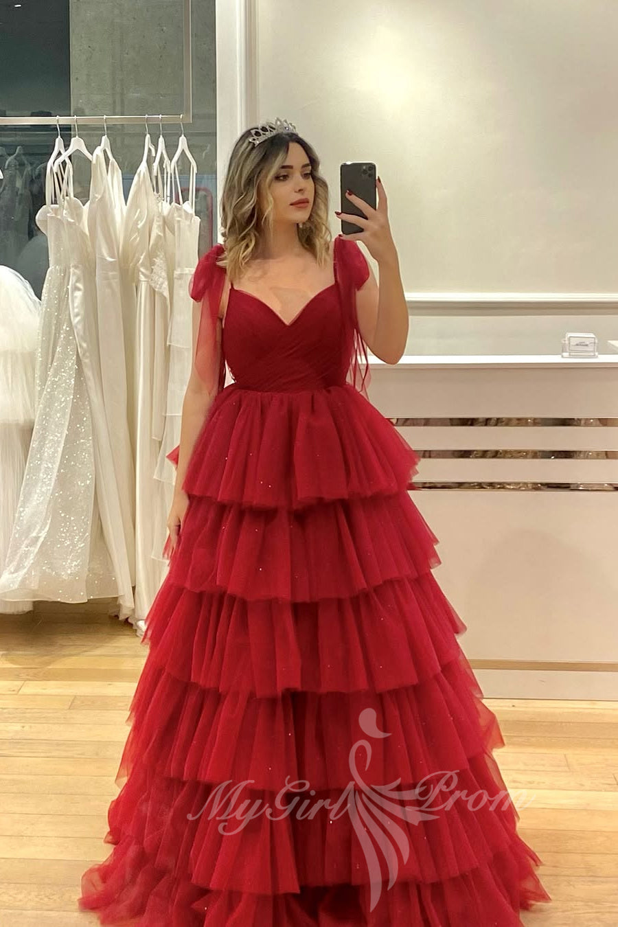 Straps A Line Layers Prom Dress Red V Neck Formal Dress with Ruffles GP771