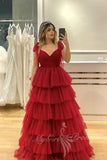 Straps A Line Layers Prom Dress Red V Neck Formal Dress with Ruffles GP771