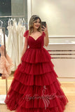 Straps A Line Layers Prom Dress Red V Neck Formal Dress with Ruffles GP771