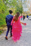 Straps Hot Pink Layered Long Prom Dress, Princess Tulle Formal Dress GP760