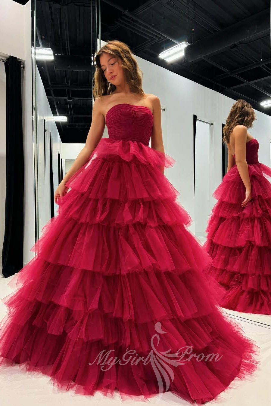 Strapless A Line Tulle Prom Dress Fuchsia Ruffles Formal Dress with Pleated GP770