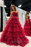 Strapless A Line Tulle Prom Dress Burgundy Ruffles Formal Dress GP770