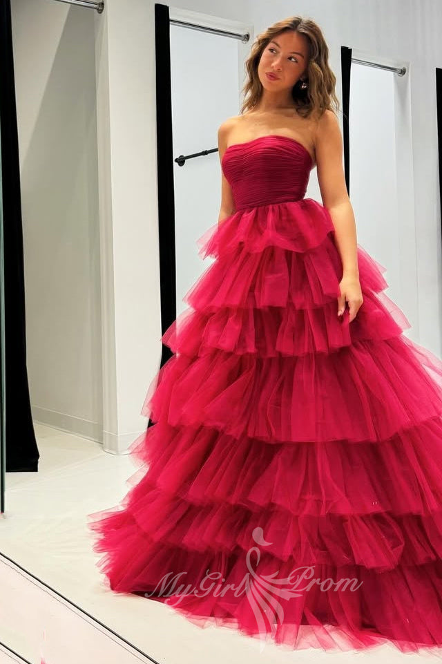 Strapless A Line Tulle Prom Dress Burgundy Ruffles Formal Dress GP770