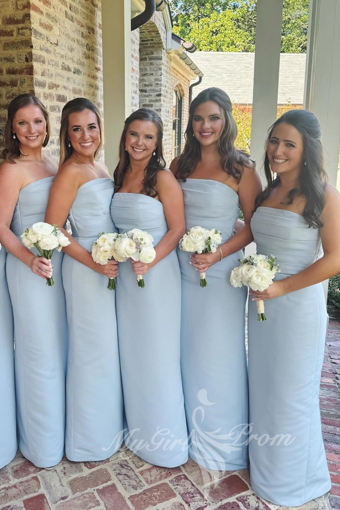 Strapless Light Blue Ruched Satin Fitted Long Bridesmaid Dresses GB404